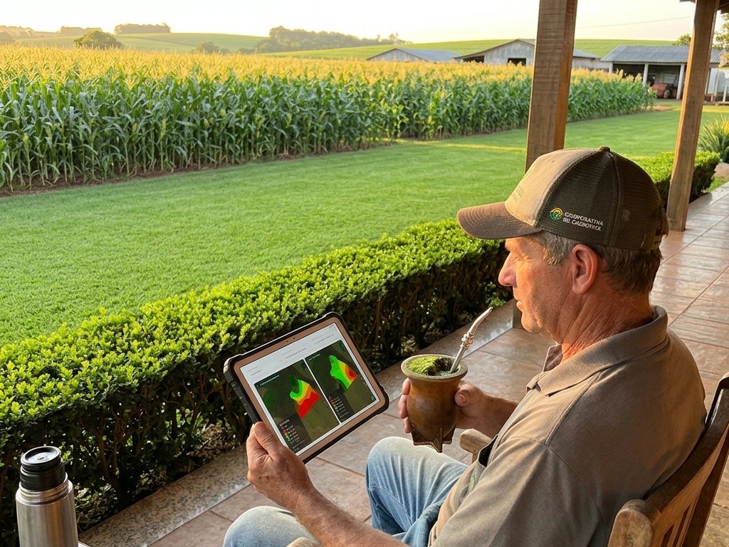 Produtor na varanda da fazenda, de chimarrão na mão, acompanhando no tablet os mapas do talhão