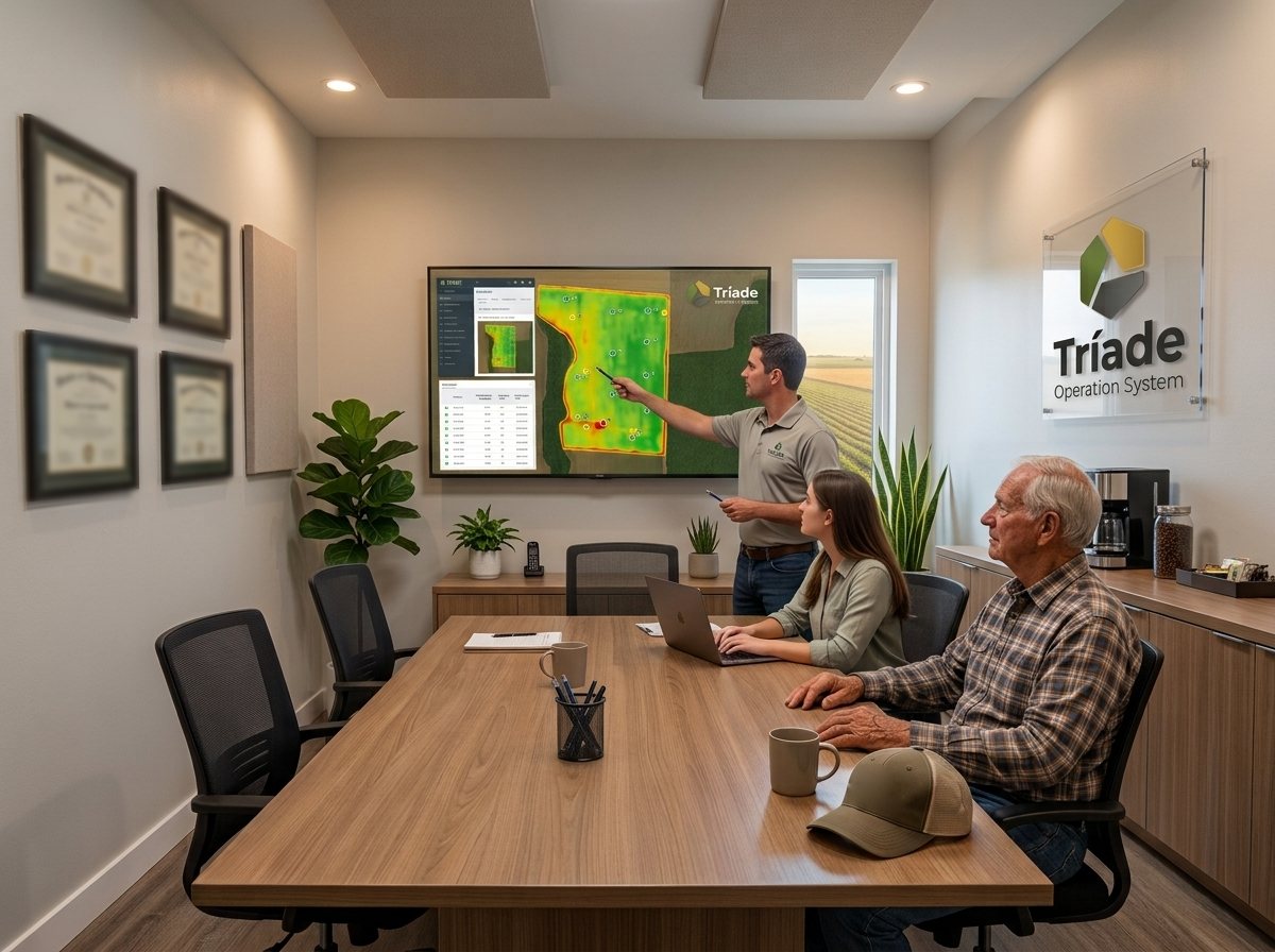 Consultor apresenta ao produtor, em reunião, o mapa do talhão com os pontos de coleta gerados pela Tríade